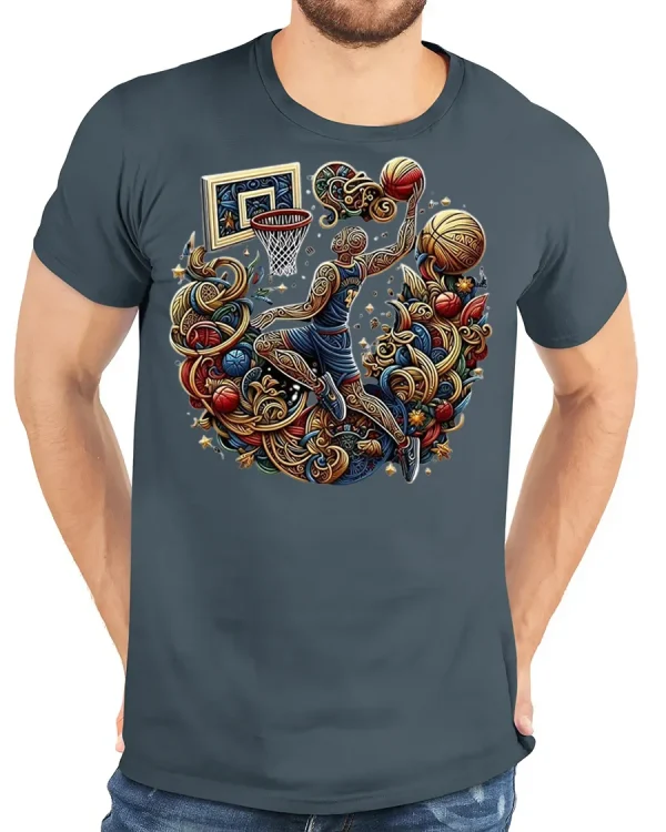 Ornate Hoops Slam Tee - model wearing gray t-shirt, white background, hands behind back