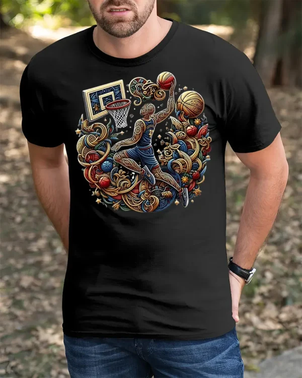 Ornate Hoops Slam Tee - black t-shirt in nature background wearing by model