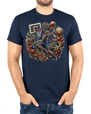 Ornate Hoops Slam Tee - model wearing navy t-shirt, white background, hands in pockets