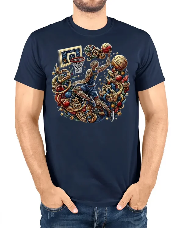 Ornate Hoops Slam Tee - model wearing navy t-shirt, white background, hands in pockets