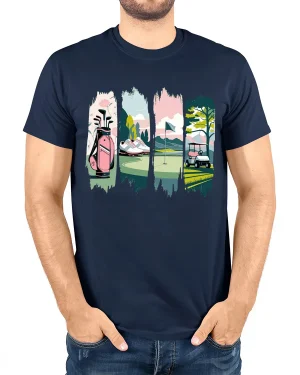 A Golf Life Scene - Sports Phrase T-Shirt - model wearing navy t-shirt, white background, hands in pockets