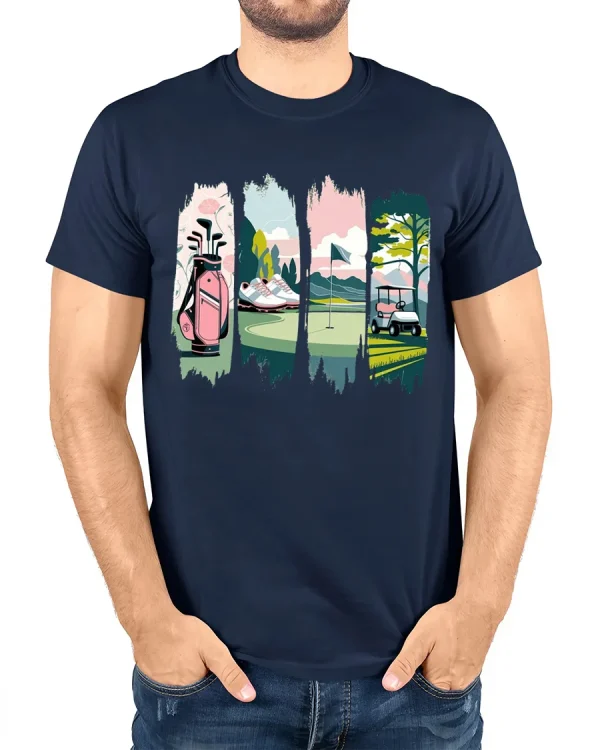 A Golf Life Scene - Sports Phrase T-Shirt - model wearing navy t-shirt, white background, hands in pockets