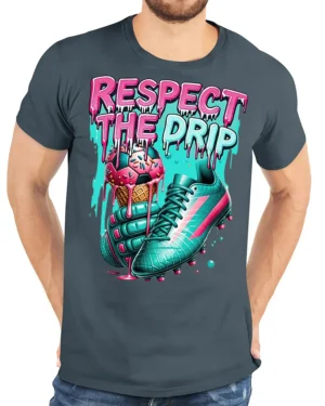 Drip Game Soccer Style Tee - model wearing gray t-shirt, white background, hands behind back