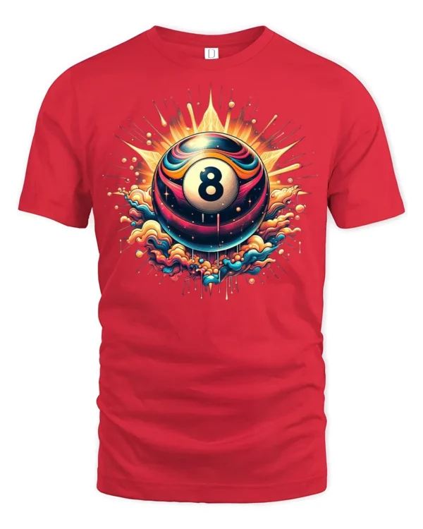Neon Billiards Boom T-Shirt - red t-shirt on white background