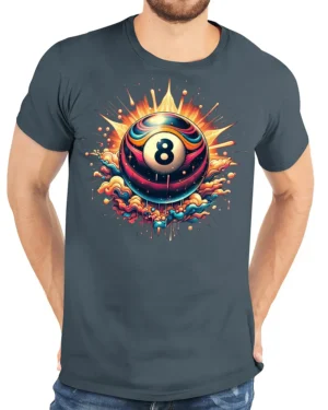 Neon Billiards Boom T-Shirt - model wearing gray t-shirt, white background, hands behind back