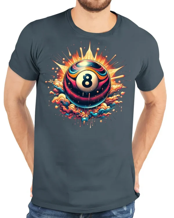 Neon Billiards Boom T-Shirt - model wearing gray t-shirt, white background, hands behind back