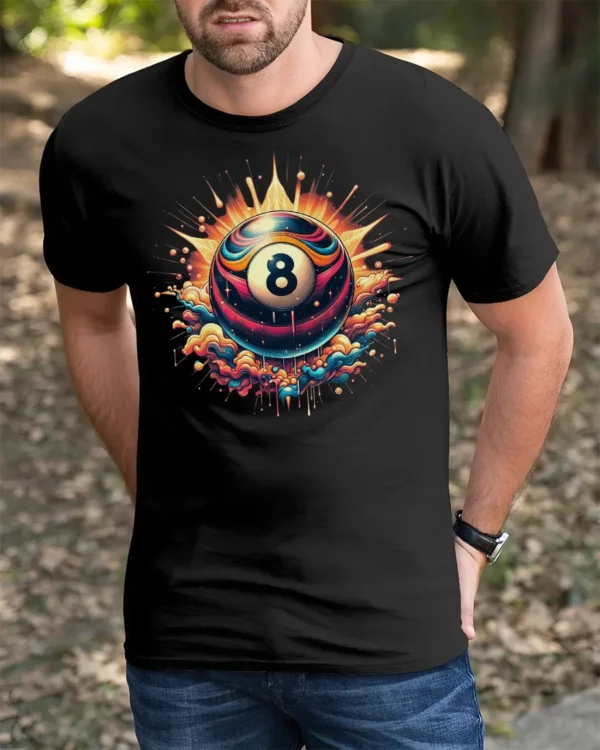 Neon Billiards Boom T-Shirt - black t-shirt in nature background wearing by model