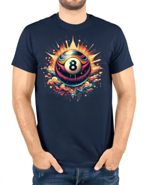 Neon Billiards Boom T-Shirt - model wearing navy t-shirt, white background, hands in pockets