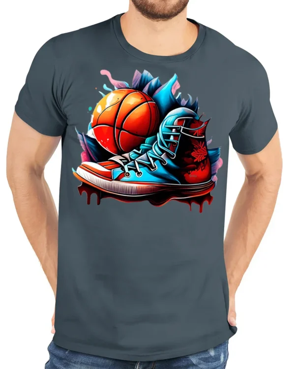 Street Dunk Basketball Sneaker Tee - model wearing gray t-shirt, white background, hands behind back