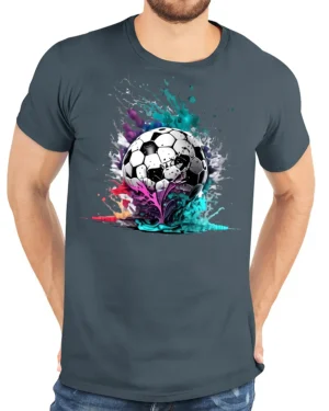 Painted Soccer Explosion T-Shirt - model wearing gray t-shirt, white background, hands behind back