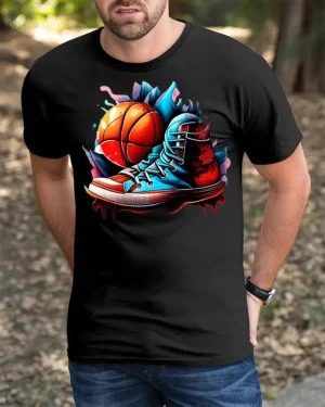 Street Dunk Basketball Sneaker Tee - black t-shirt in nature background wearing by model