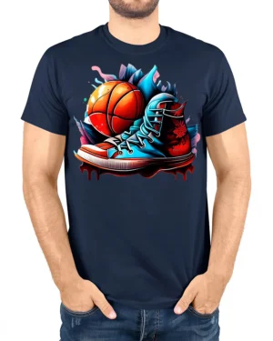 Street Dunk Basketball Sneaker Tee - model wearing navy t-shirt, white background, hands in pockets