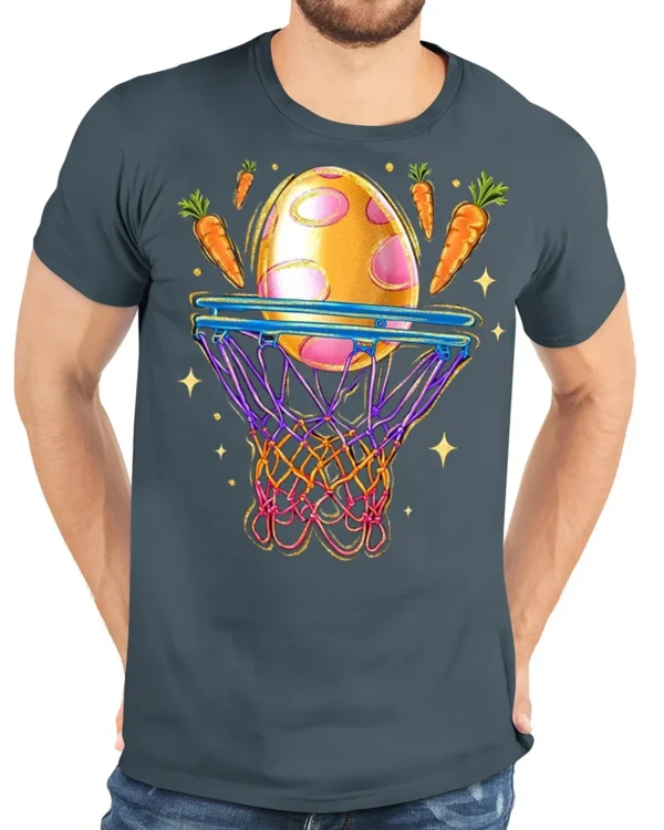 Easter Slam Dunk T-Shirt - model wearing gray t-shirt, white background, hands behind back