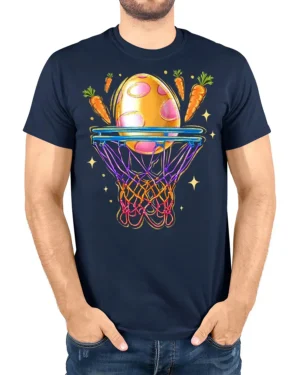 Easter Slam Dunk T-Shirt - model wearing navy t-shirt, white background, hands in pockets