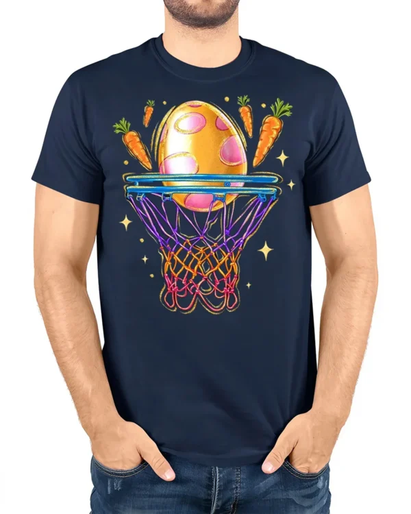 Easter Slam Dunk T-Shirt - model wearing navy t-shirt, white background, hands in pockets