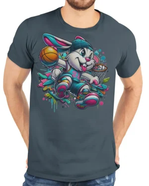 Dunkin’ Bunny Basketball Tee - model wearing gray t-shirt, white background, hands behind back
