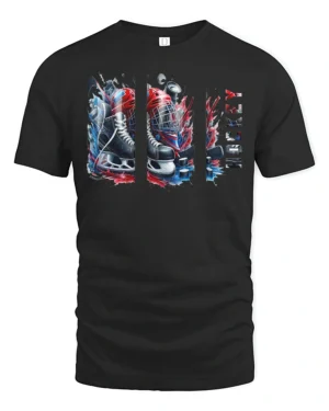 Blades and Pucks T-Shirt - black t-shirt on white background