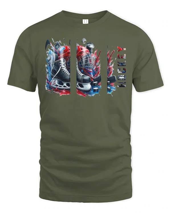 Blades and Pucks T-Shirt - military green t-shirt on white background