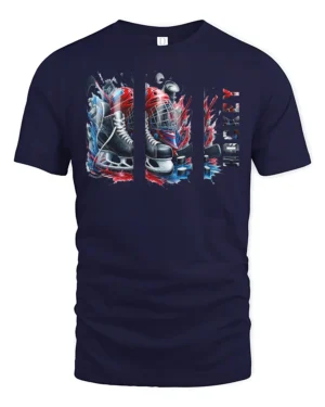 Blades and Pucks T-Shirt - navy t-shirt on white background