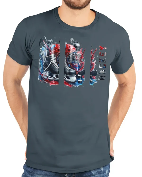Blades and Pucks T-Shirt - model wearing gray t-shirt, white background, hands behind back
