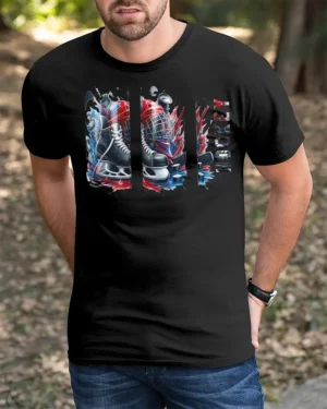 Blades and Pucks T-Shirt - black t-shirt in nature background wearing by model