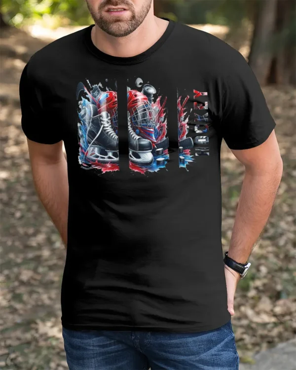 Blades and Pucks T-Shirt - black t-shirt in nature background wearing by model